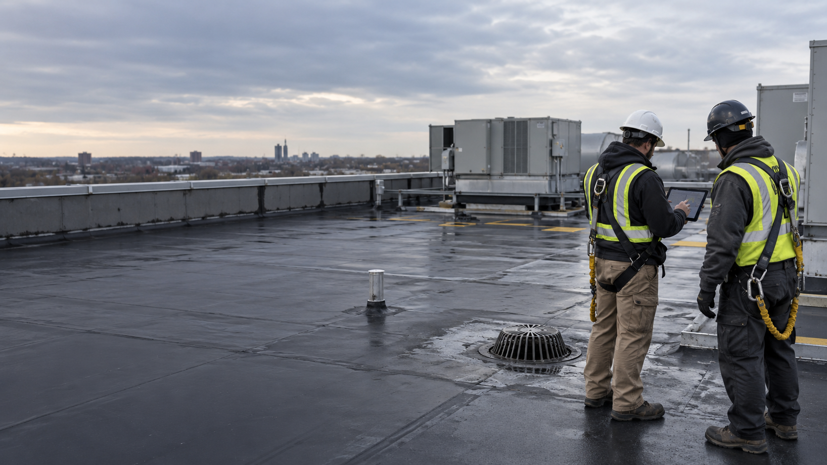 Commercial roofing professionals reviewing roof conditions on a tablet