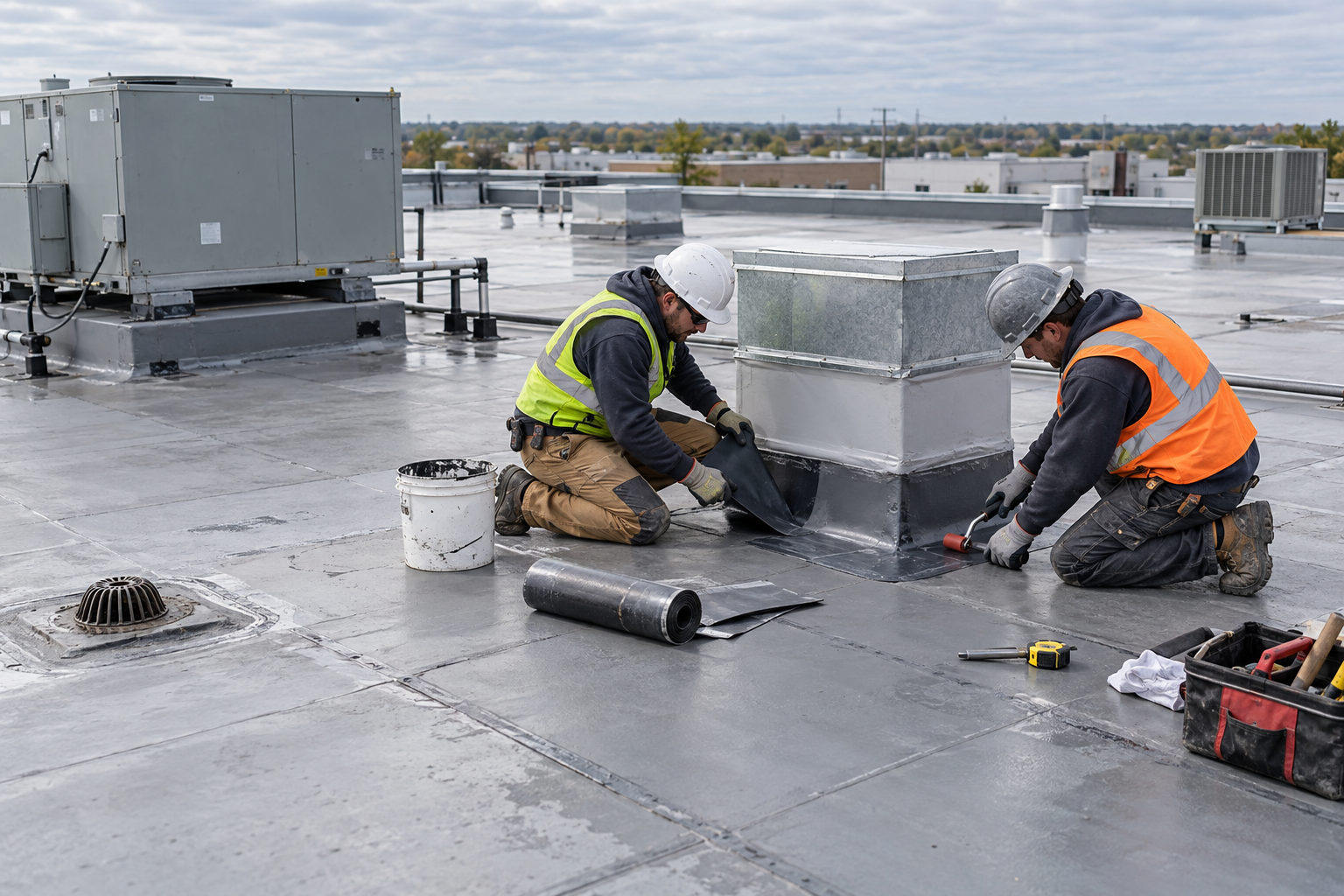 Commercial roofers completing a focused membrane repair around a rooftop curb