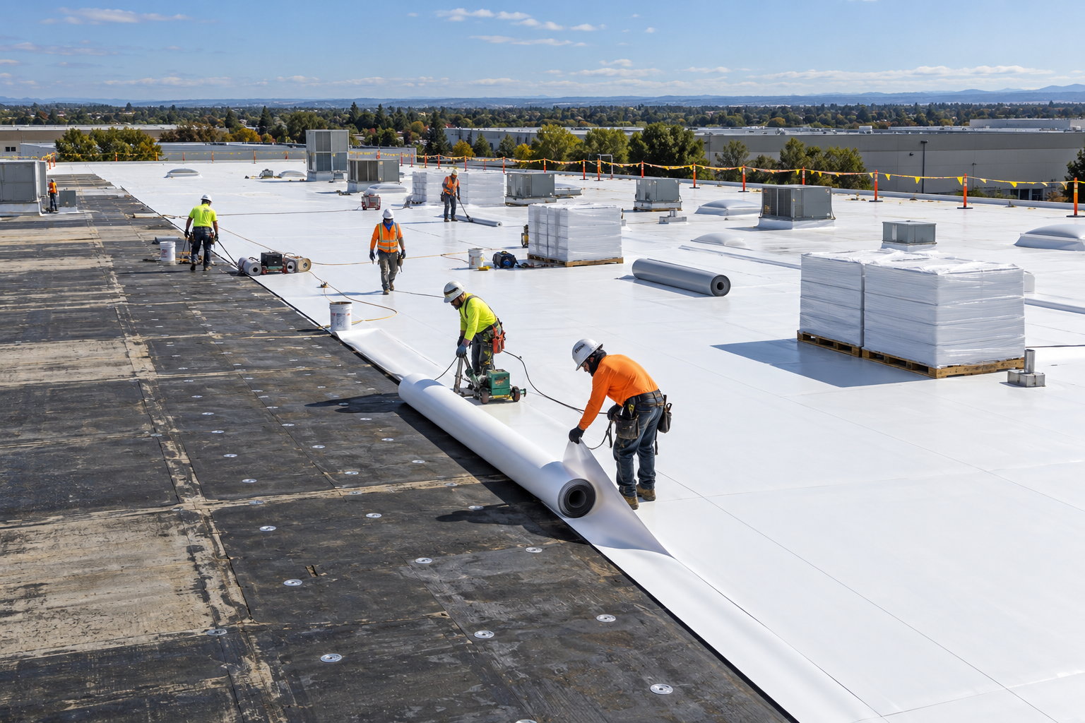 Commercial roofing crew installing a white single-ply membrane on a large roof