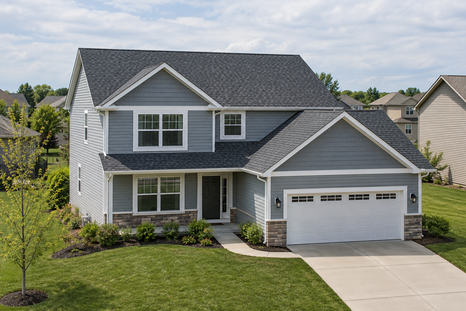 Modern two-story Kansas City home with a prominent architectural-shingle roof